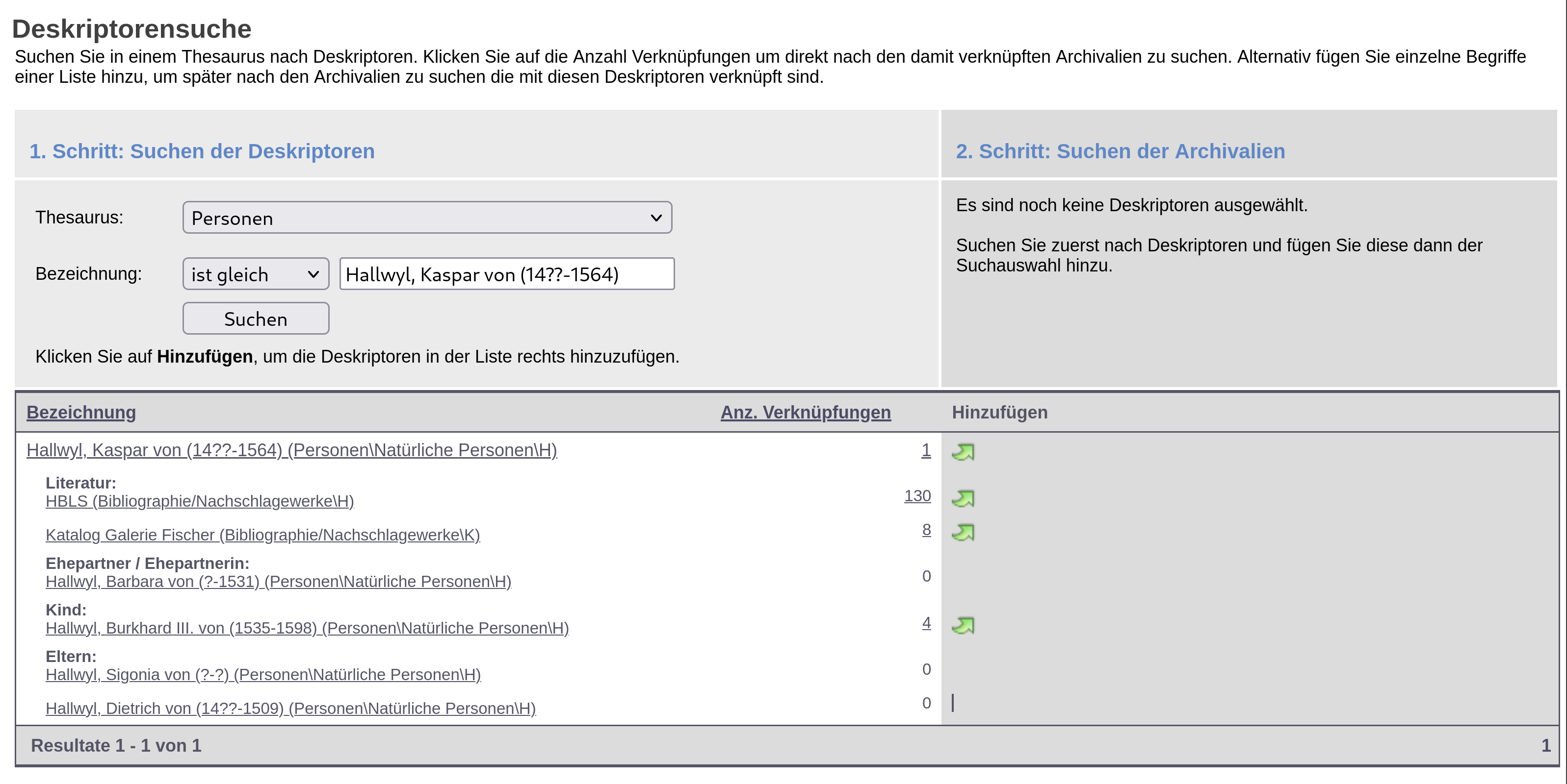 Screenshot der Deskriptorensuche im Archivkatalog der Burgerbibliothek Bern.